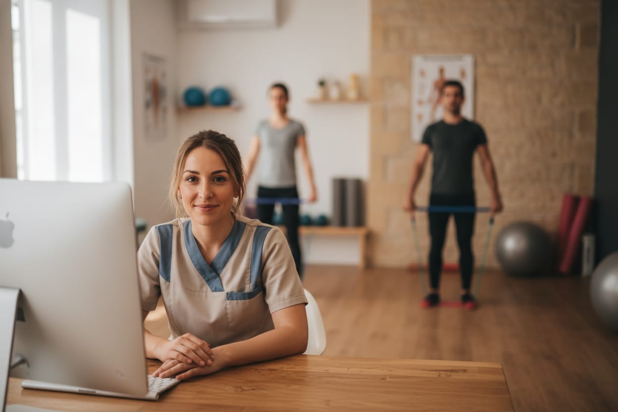 Femme professionnelle de santé souriante à son bureau, avec des patients en rééducation physique en arrière-plan